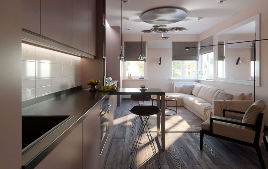 Удлиненная кухня гостиная