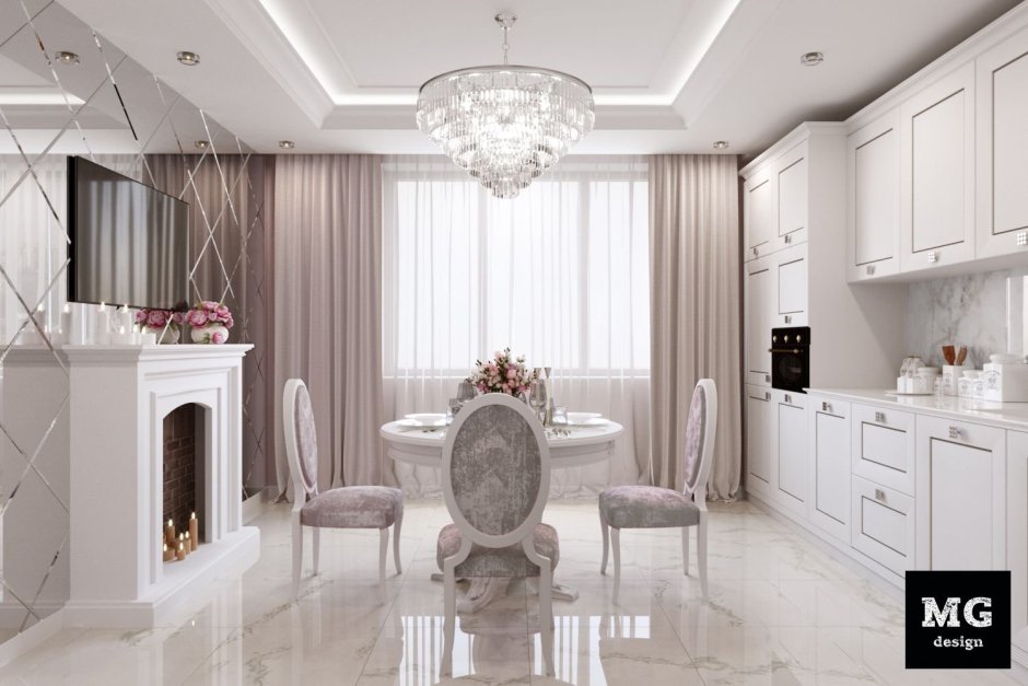 Кухня гостиная с мраморным полом