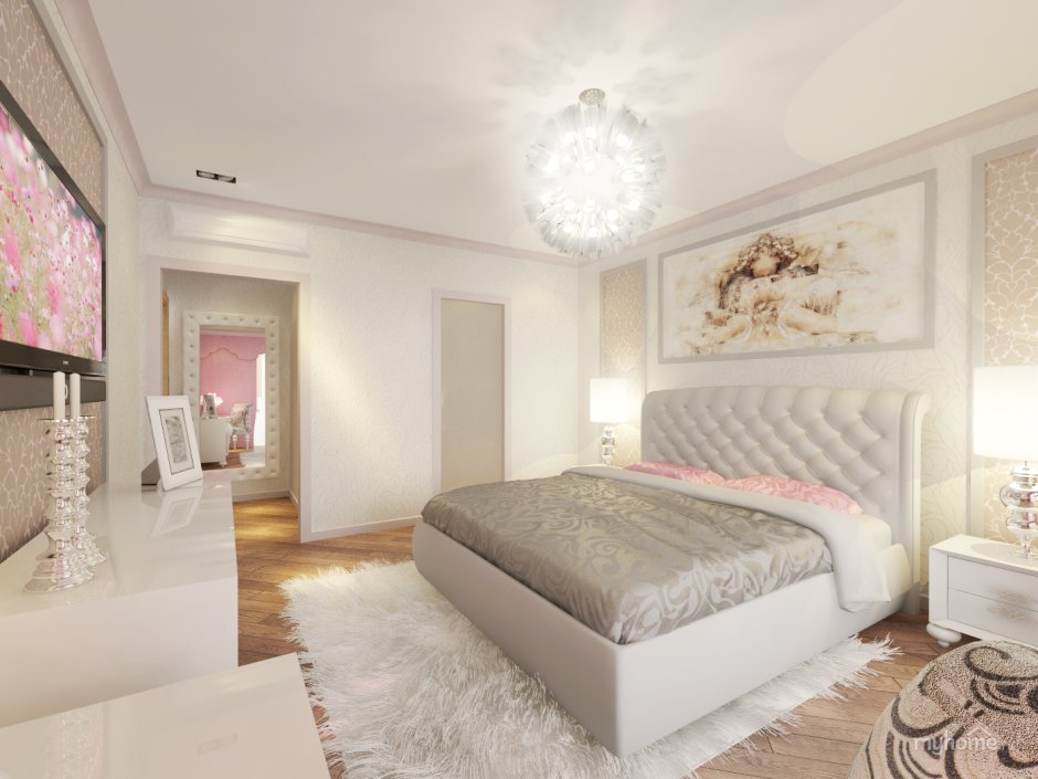 Спальни белый бежевый розовый