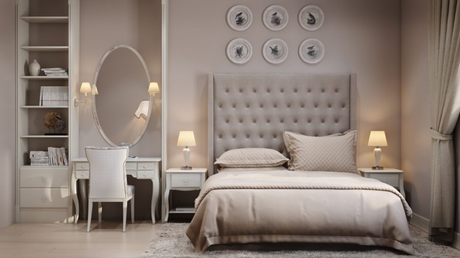 Спальня в пастельных бежевых тонах