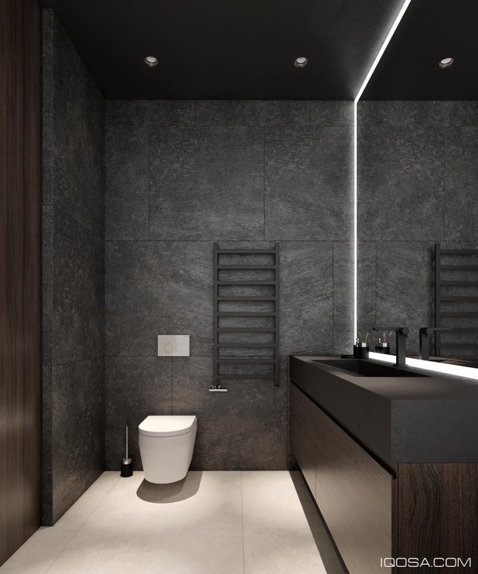 Темно серая плитка в ванной