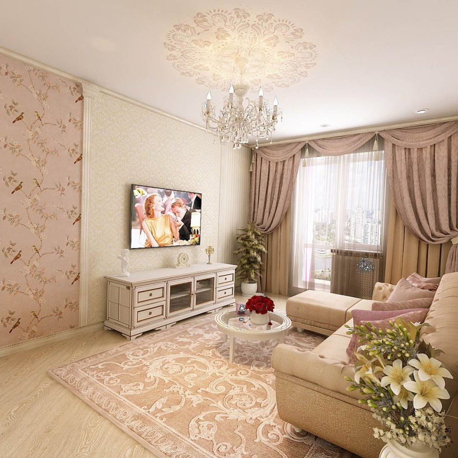 Комбинированные обои бежевые гостиная