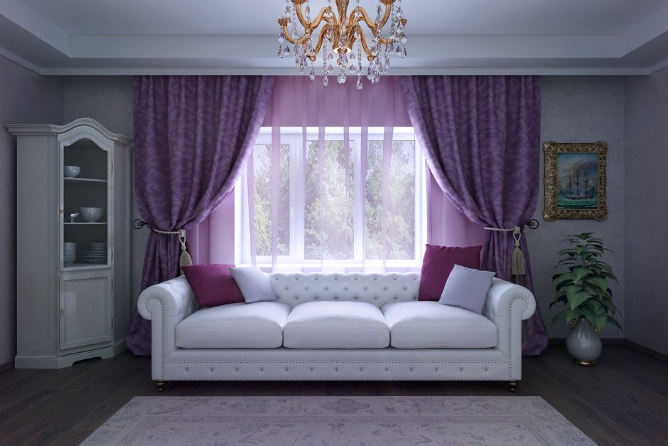 Шторы в гостиную в классическом стиле сиреневые