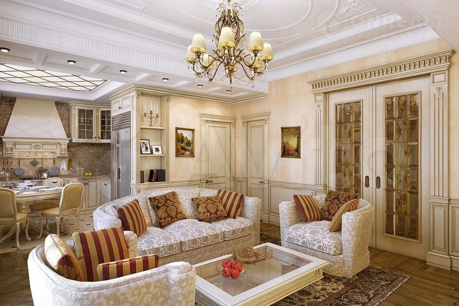 Линкруста в интерьере гостиной в стиле Неоклассика