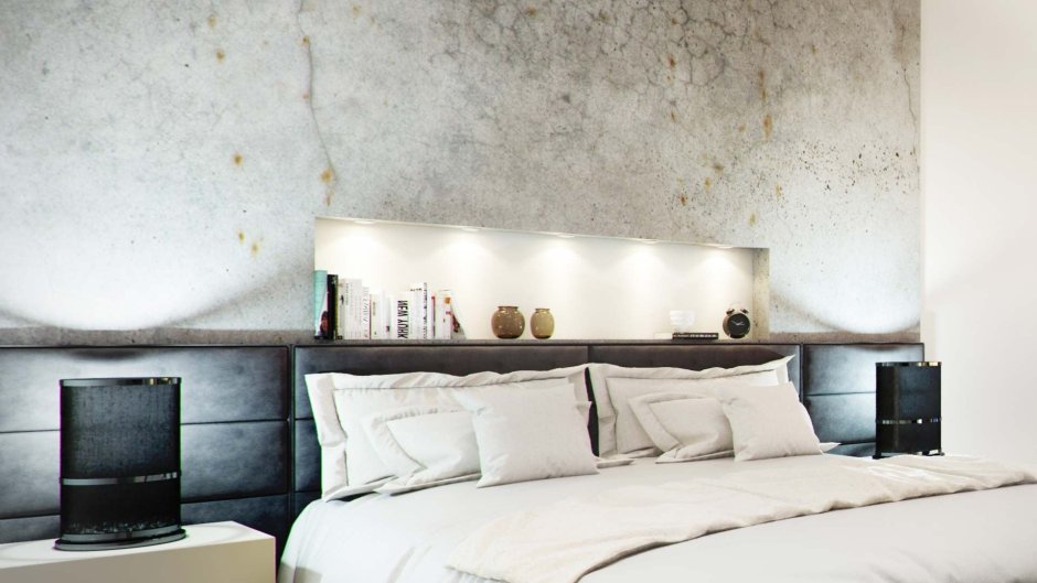 Декоративная штукатурка под бетон в спальне