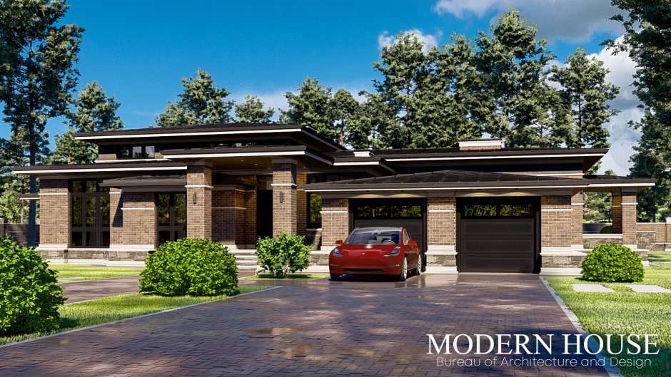 Одноэтажный дом в стиле Райта 200-250 кв