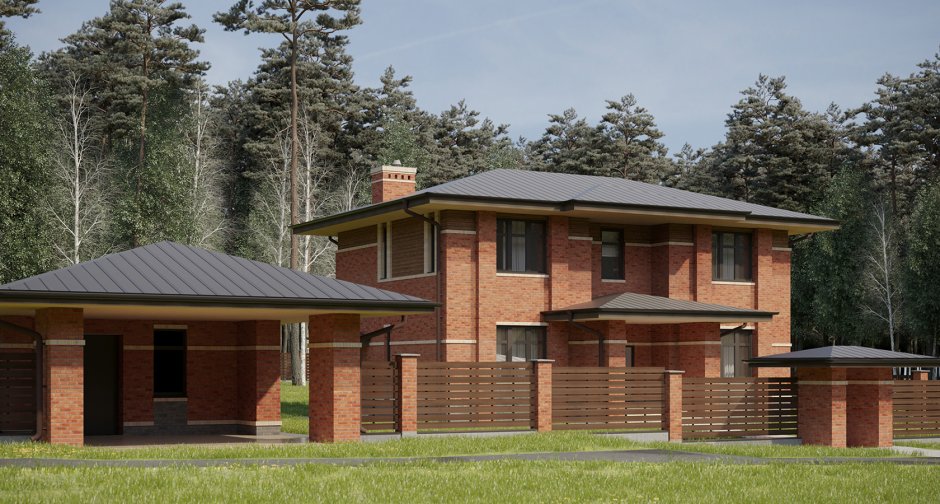 Одноэтажный кирпичный дом в стиле Райта