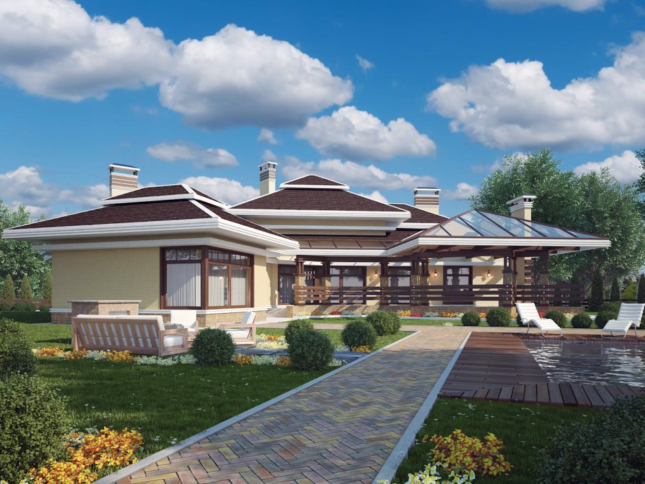 Одноэтажный дом в стиле Райта 200 кв м