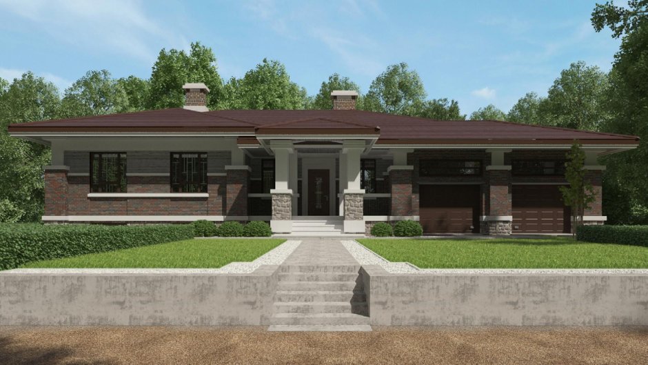 Одноэтажный дом в стиле Райта 200 кв м