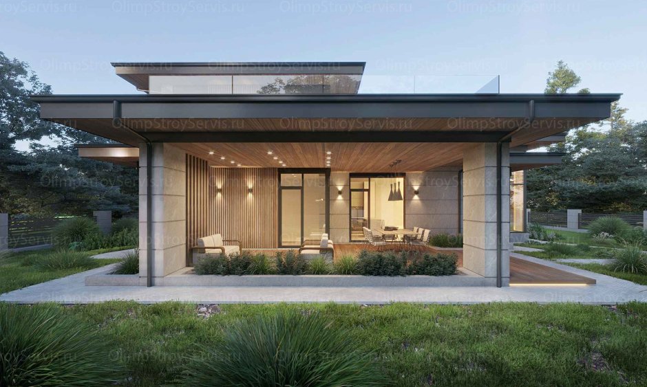 Одноэтажный дом в стиле Райта 200-250 кв