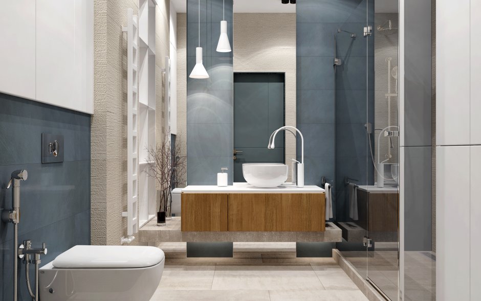 Темная стильная маленькая ванная комната