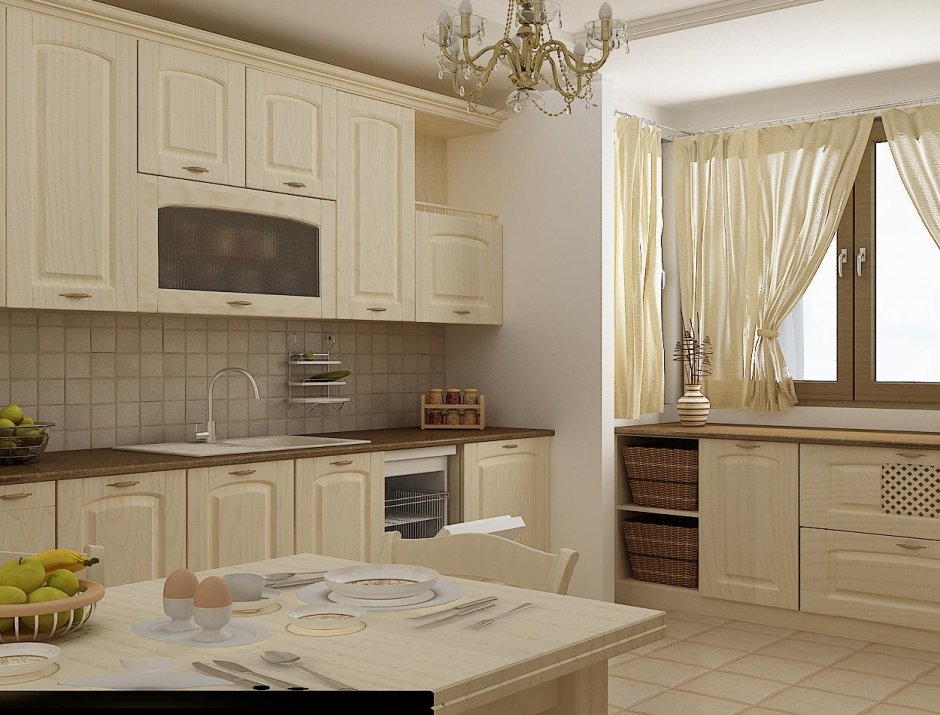 Кремовая кухня с деревом