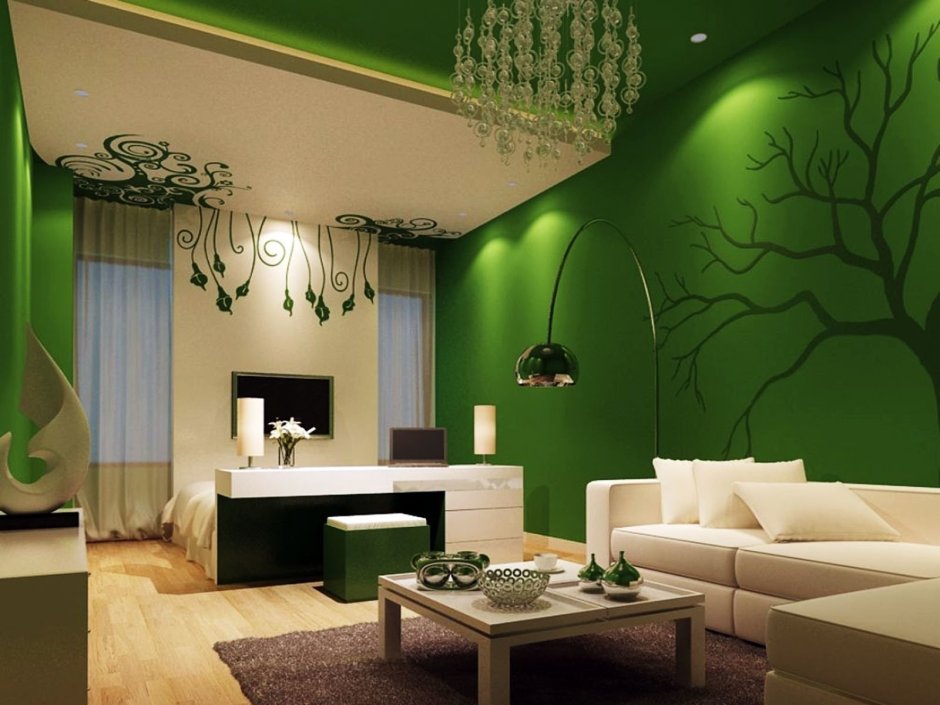 Гостиная с зеленым потолком