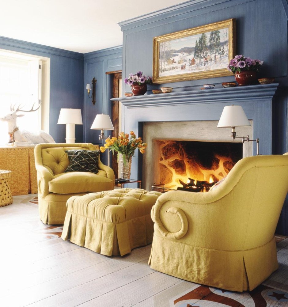 Интерьер серый зеленый желтый Сканди