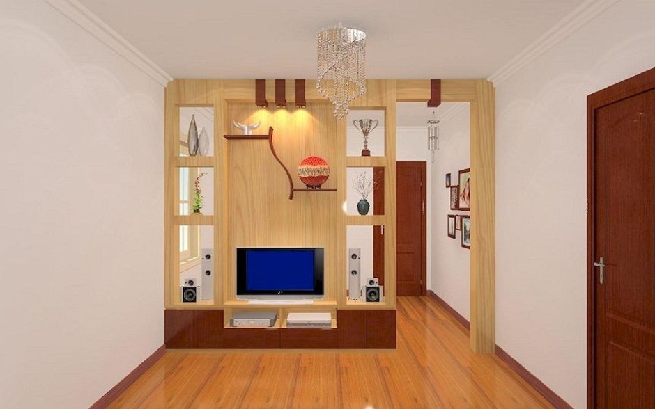 Зонирование комнаты стенкой с телевизором