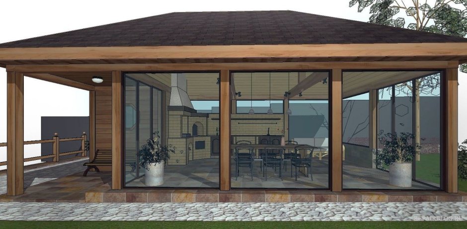 Беседка с четырехскатной крышей и мангалом