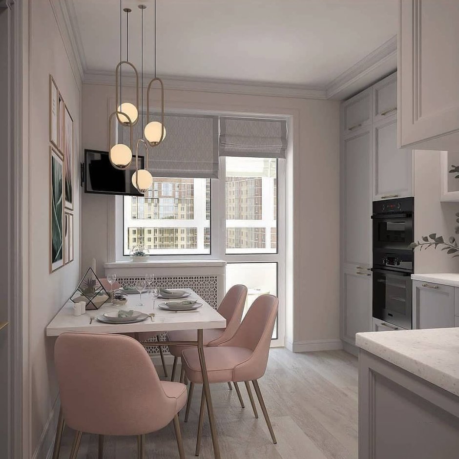 Пудровый цвет в интерьере кухни