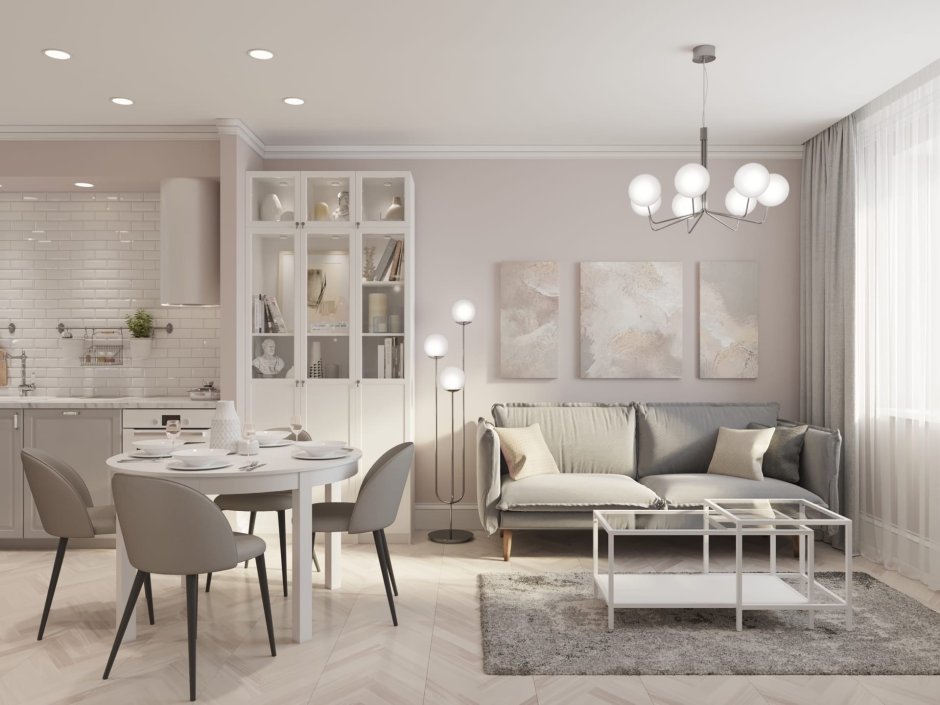 Интерьер гостиной с кухней в пудровых тонах