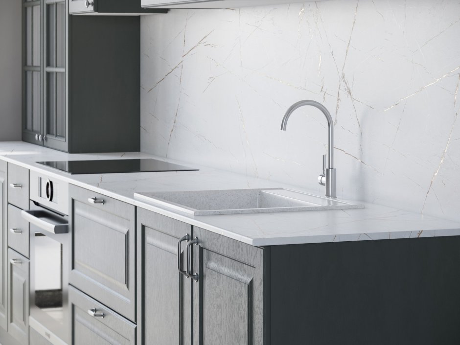 Современная кухня с мраморной столешницей серая