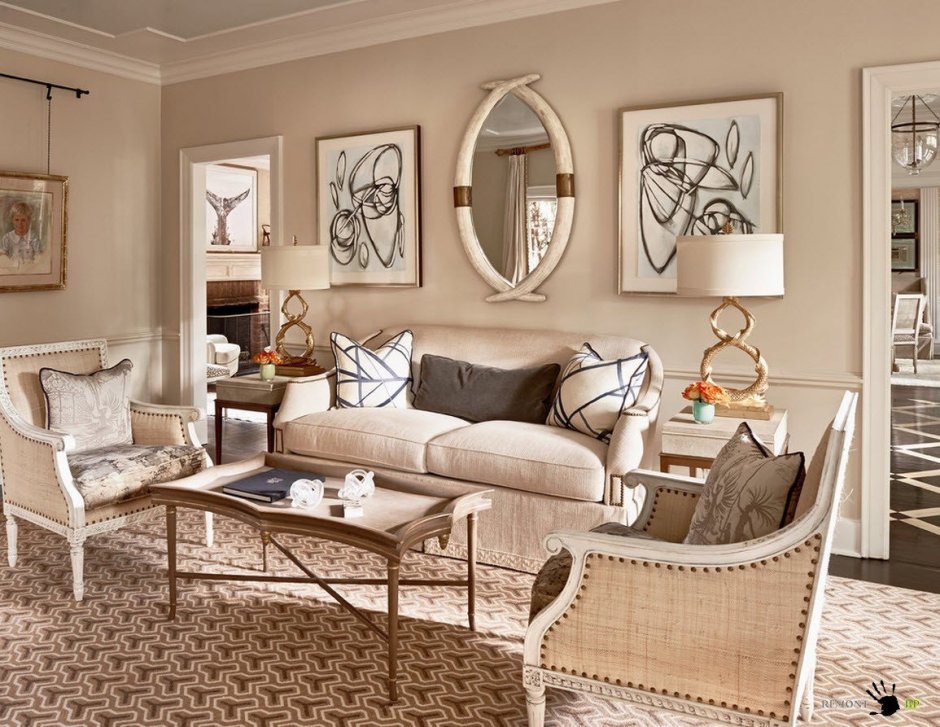 Интерьер гостиной с мешковиной