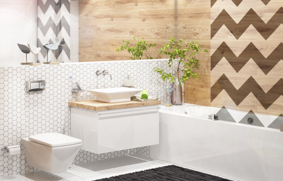 Интерьер ванной комнаты с шестигранной плиткой
