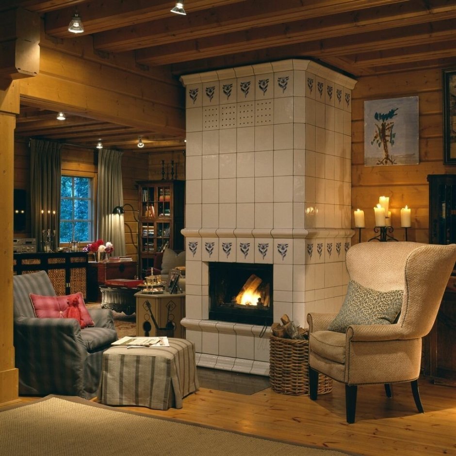 Кухня с печкой в деревянном доме