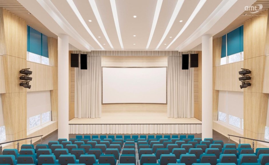 Шторы в актовый зал в синих тонах