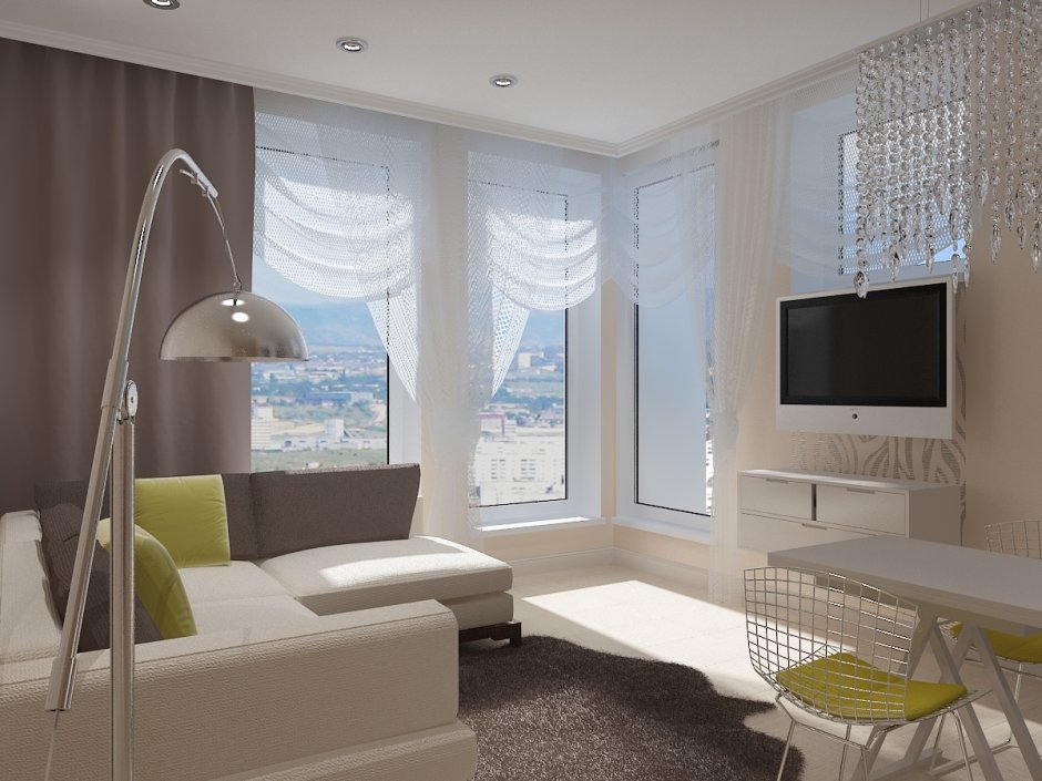 Планировка зала с балконом и окном