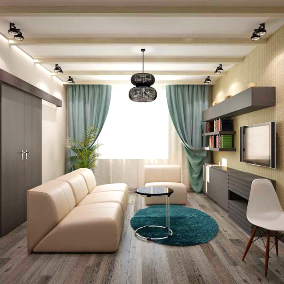 Интерьер прямоугольной гостиной