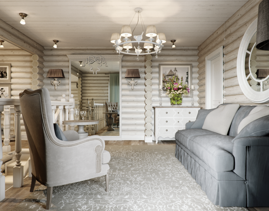 Дом из оцилиндрованного бревна интерьер в стиле Кантри