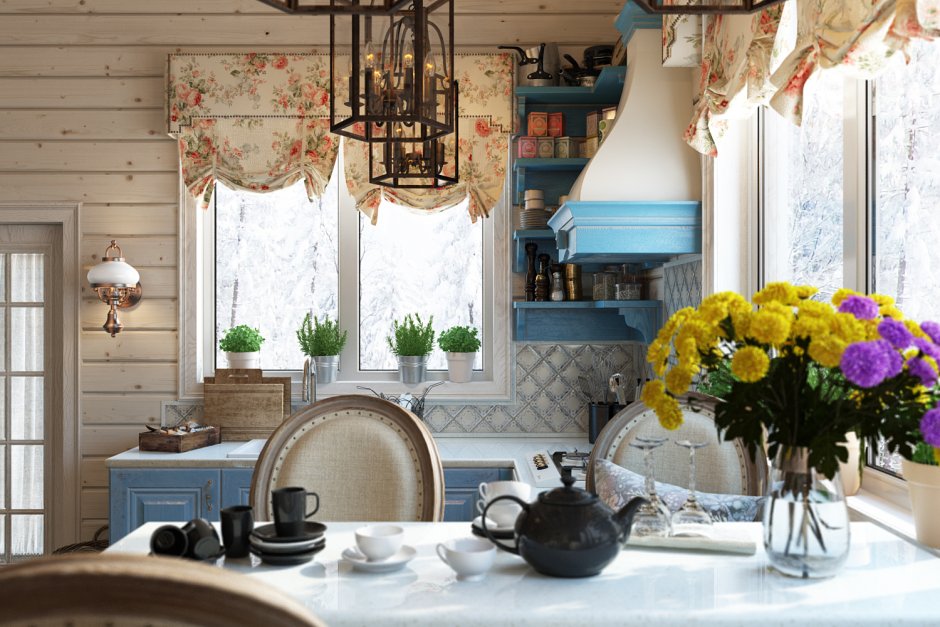 Гостиная Прованс Кантри в бревенчатом доме