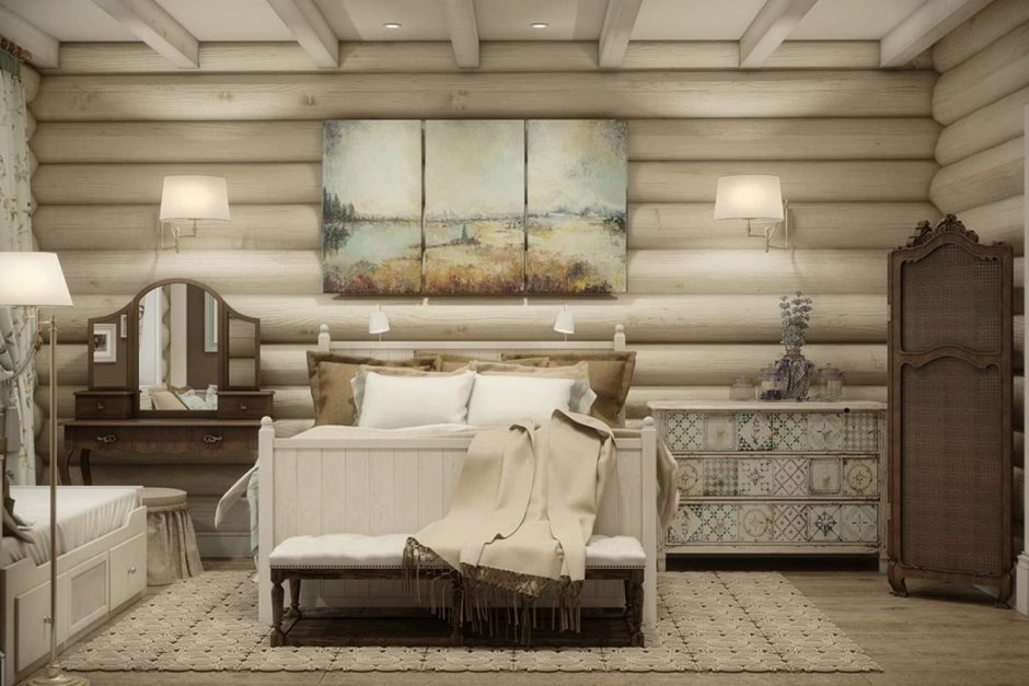 Гостиная Прованс Кантри в бревенчатом доме