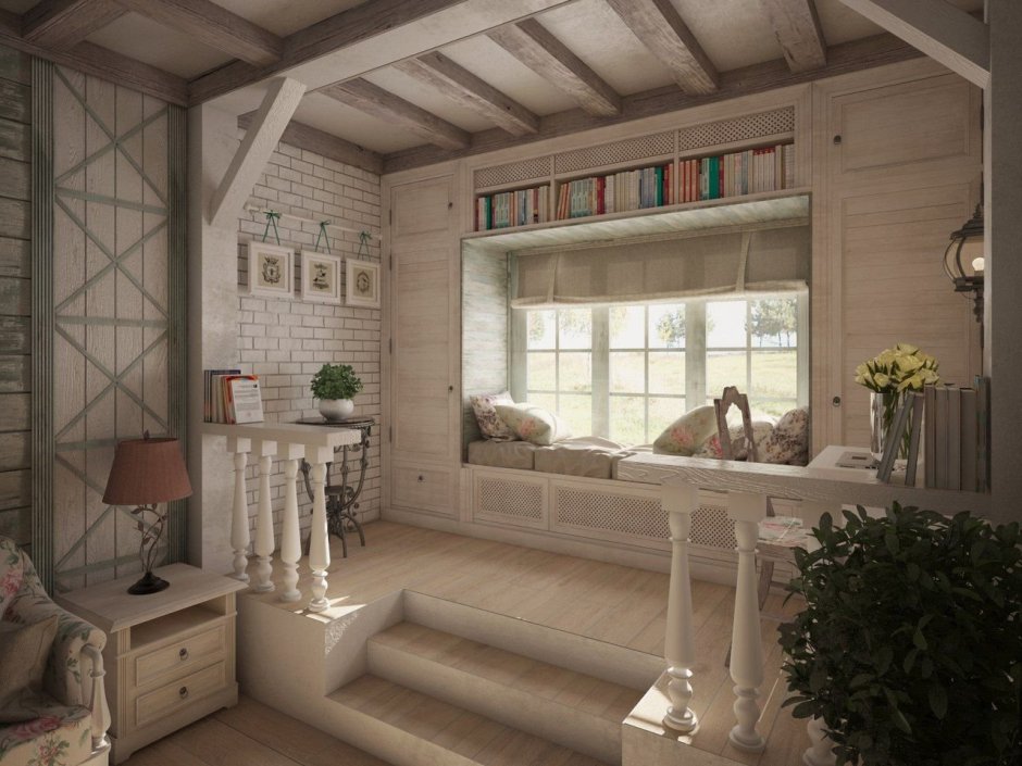 Гостиная Прованс Кантри в бревенчатом доме