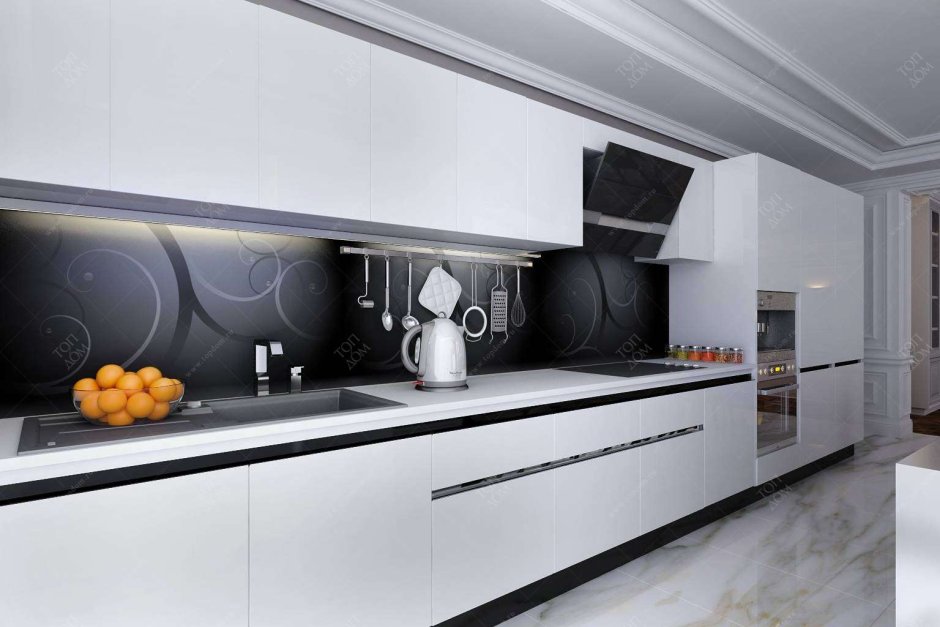 Черная вытяжка на белой кухне