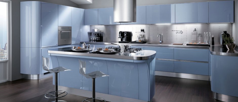 Серо голубая кухня гостиная