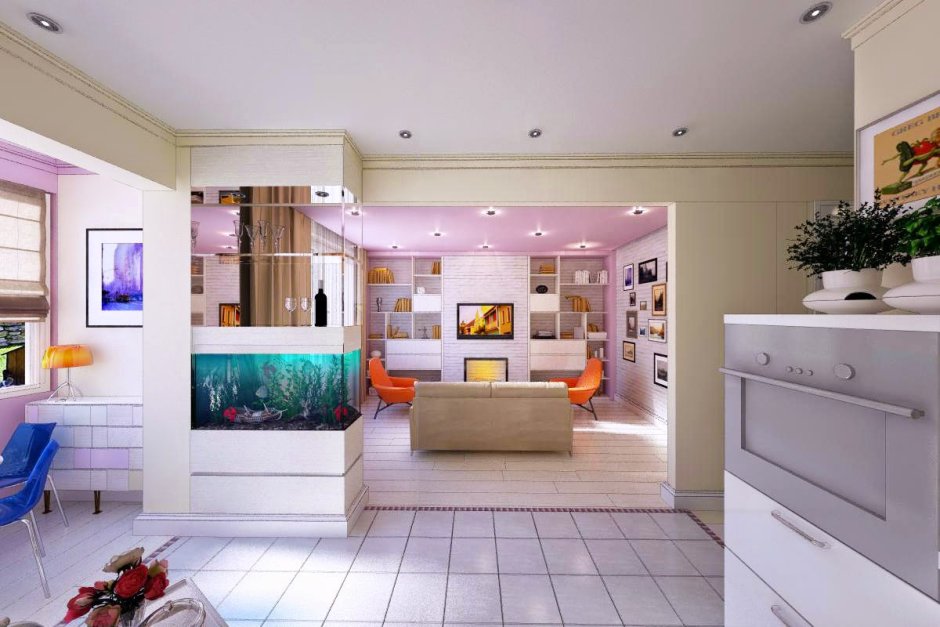 Барная стойка с аквариумом на кухне