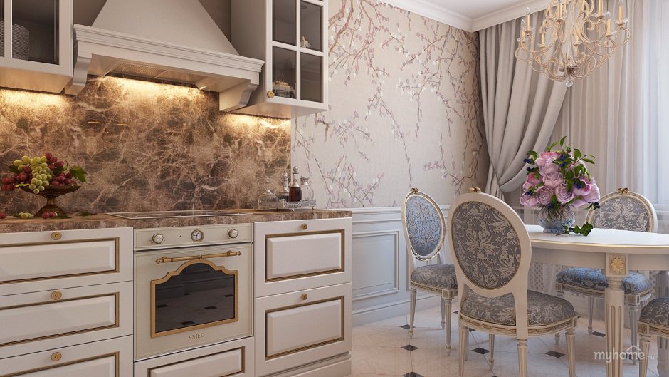 Фреска в стиле Неоклассика в интерьере кухни