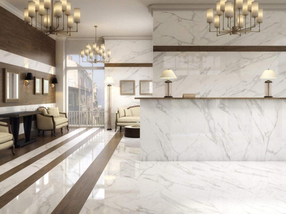 Интерьер кухни с белым мраморным полом классика