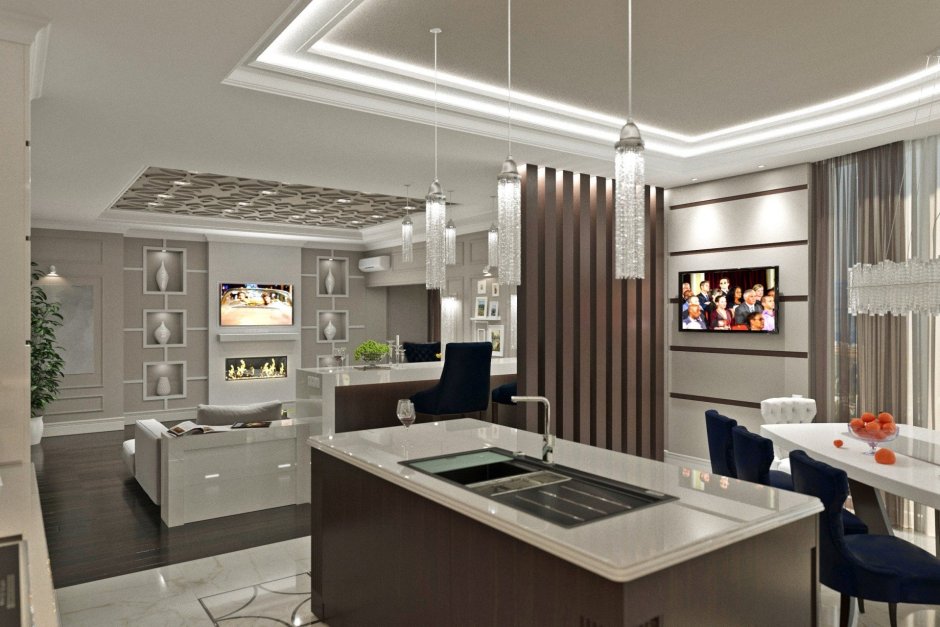 Освещение в кухне гостиной с островом