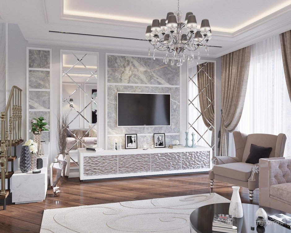 Стена под телевизор в гостиной в современном стиле