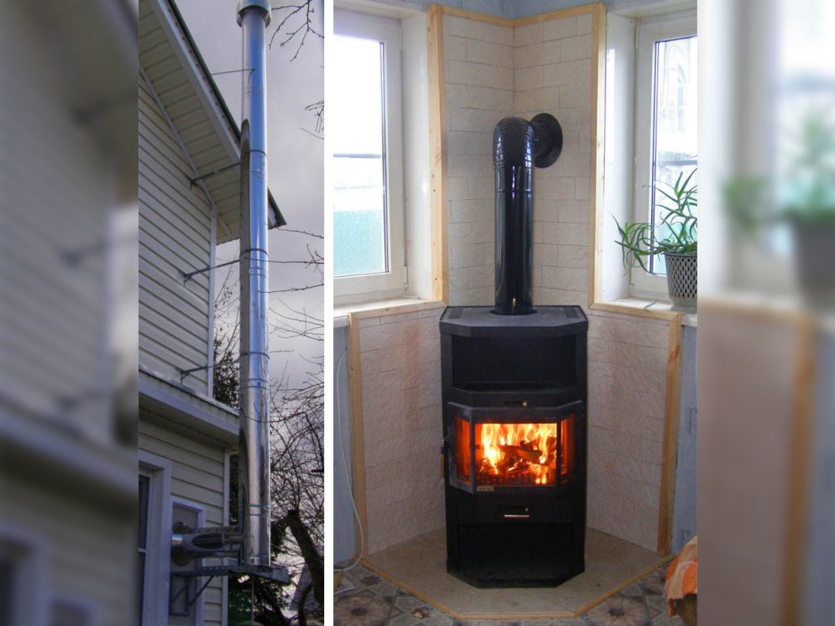 Печь камин Енисей дымоход через стену