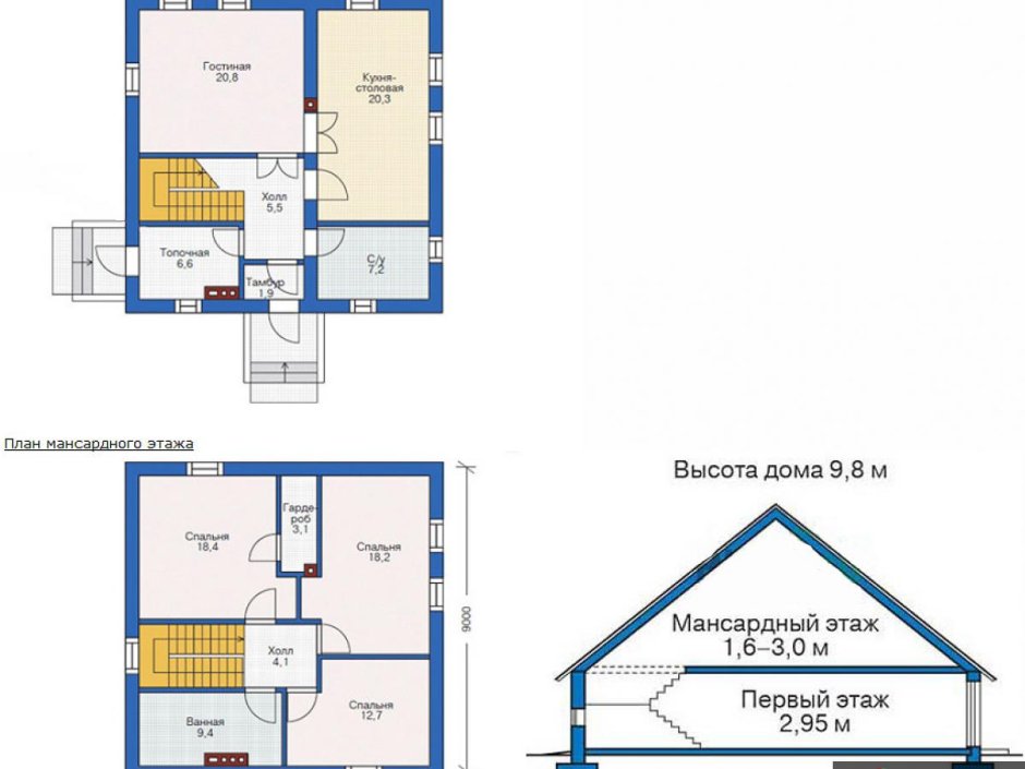 Планировка 6х7м мансардного этажа с мансардой