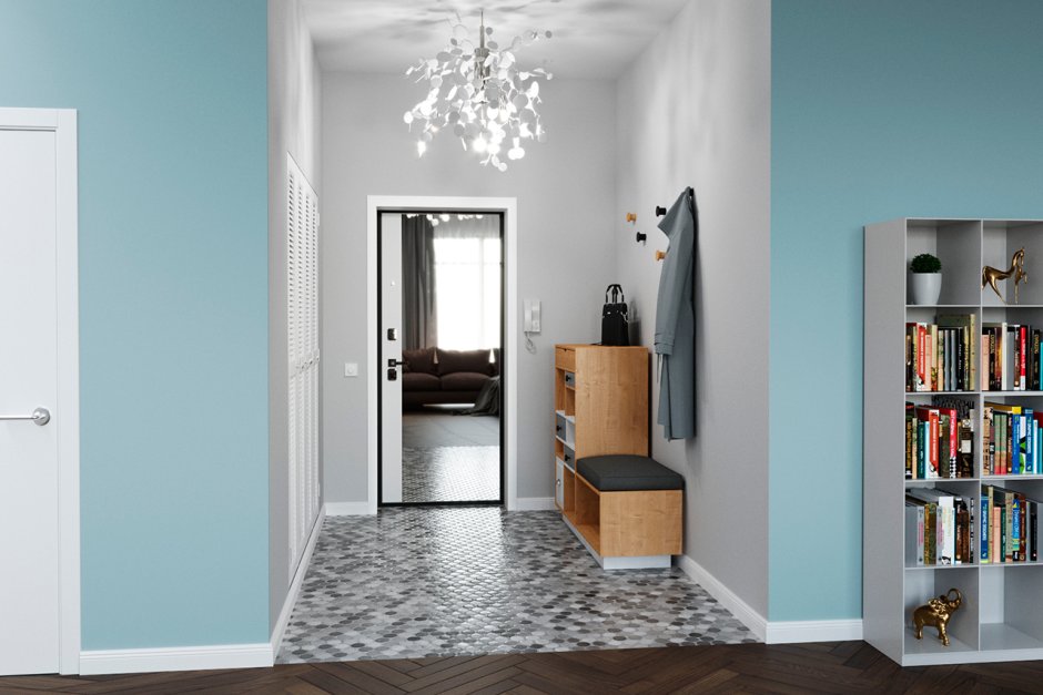 Входная дверь с зеркалом в интерьере маленькой прихожей