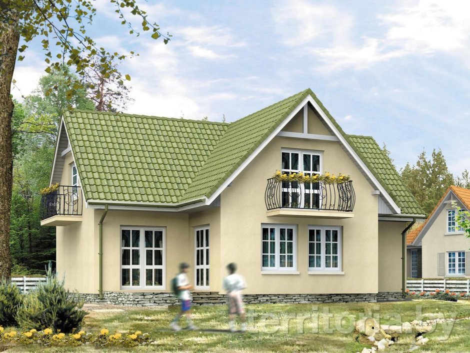 Бежевый дом с зеленой крышей