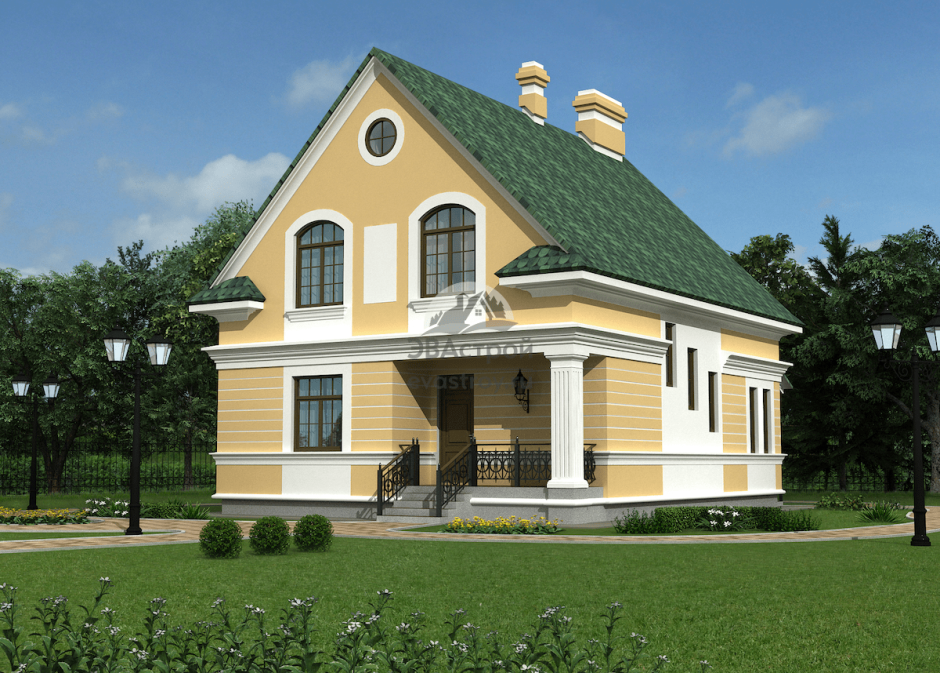 Дом из желтого кирпича с зеленой крышей