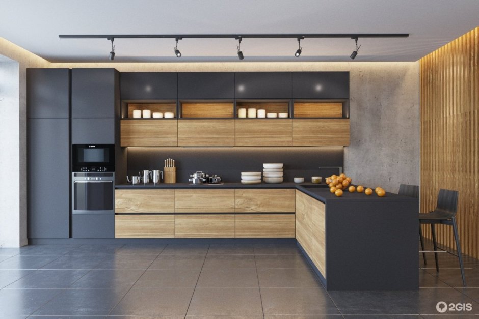 Серая двухуровневая кухня