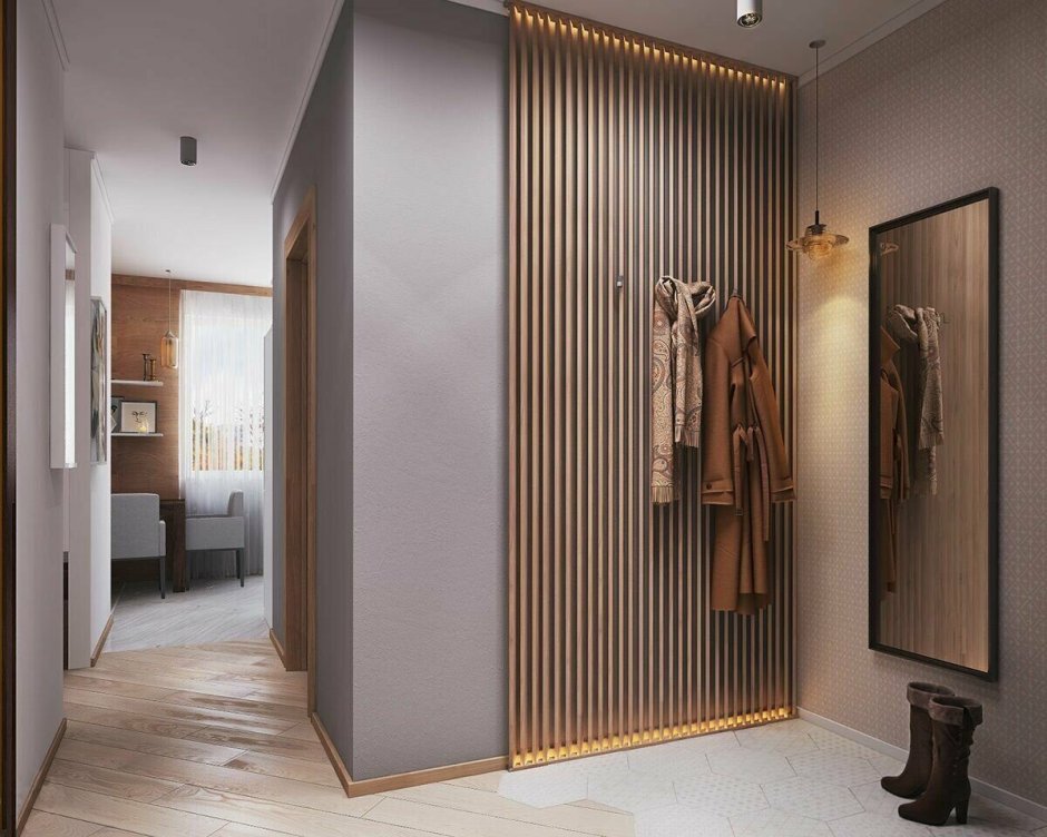 Прихожая с деревянными рейками