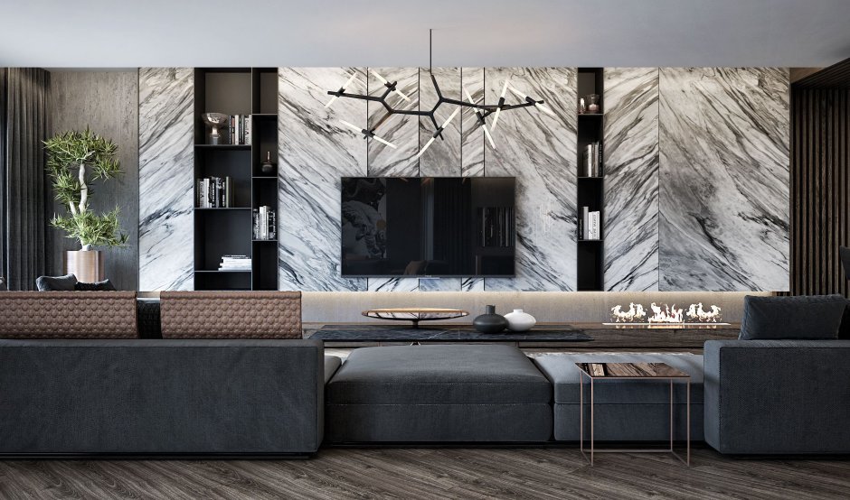 ТВ зона с мраморной стеной