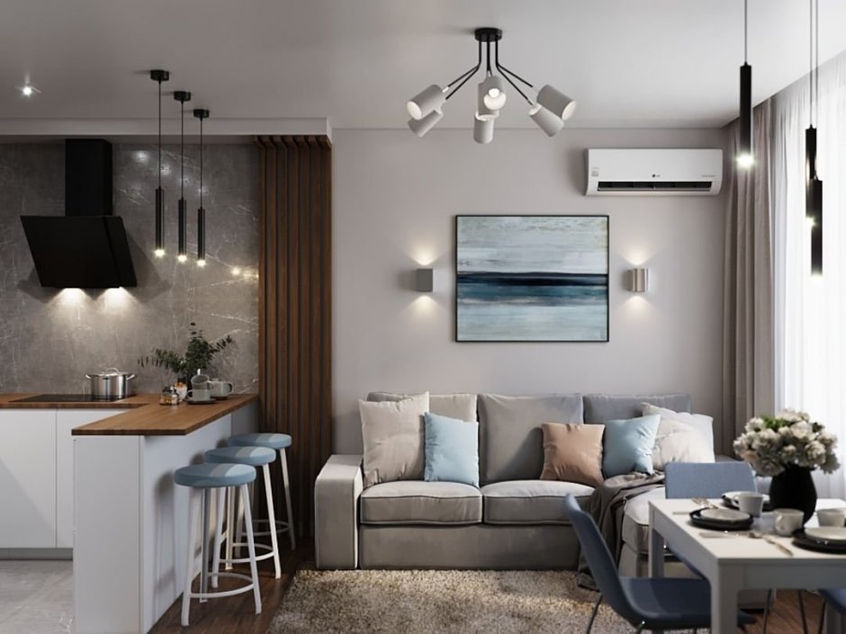 Кухня-гостиная 18 кв.м белая