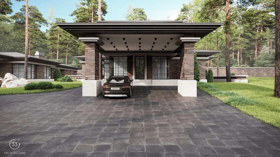 Одноэтажный кирпичный дом в стиле Райта